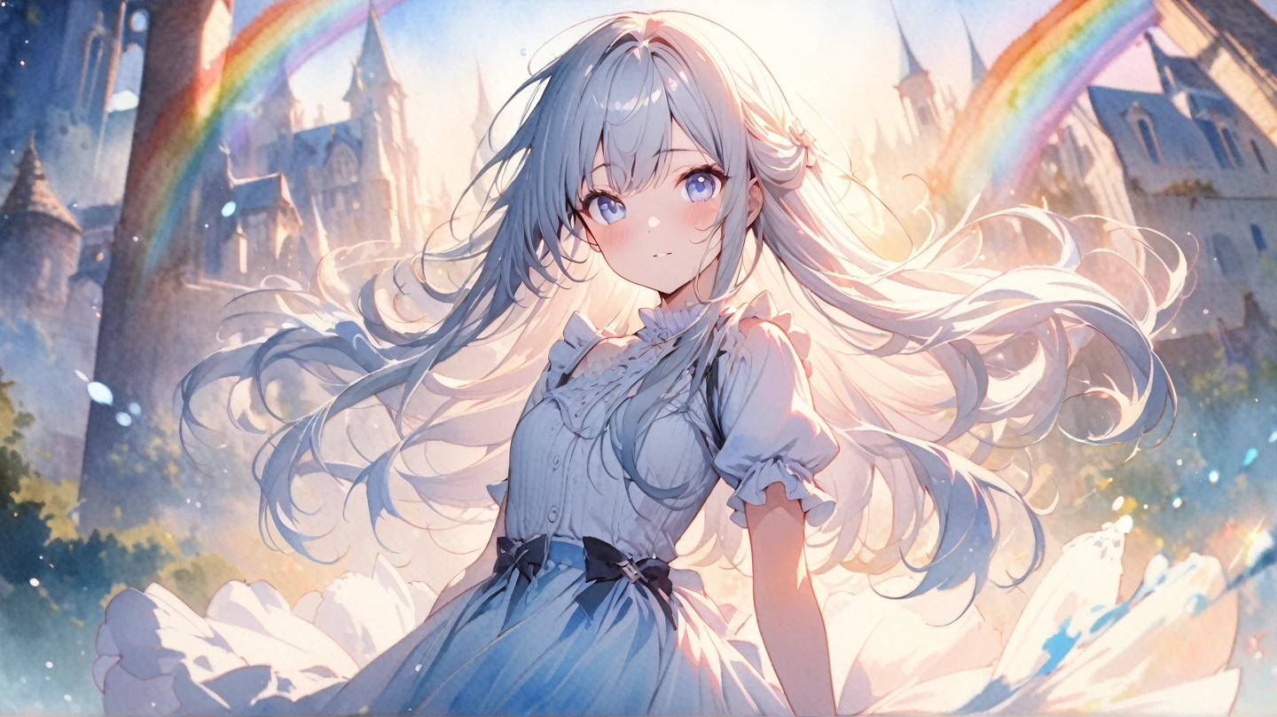 (detailed description)+,(best quality)+,(extremely detailed)+,(masterpiece)+,(ultra detailed)+,(best illustration)++,(best shadow),original, illustration, best quality, masterpiece, dynamic angle, detailed beautiful background, depth of field, beautiful light and shadow, silver hair, blue eyes, long hair, ribbon, small breasts,(cute skirt), girly, fairytale, ((watercolor \(medium\))), looking at viewer, dreamy world, fantasy, rainbow, colorful, sparkles, majestic scenery, lusty, alluring