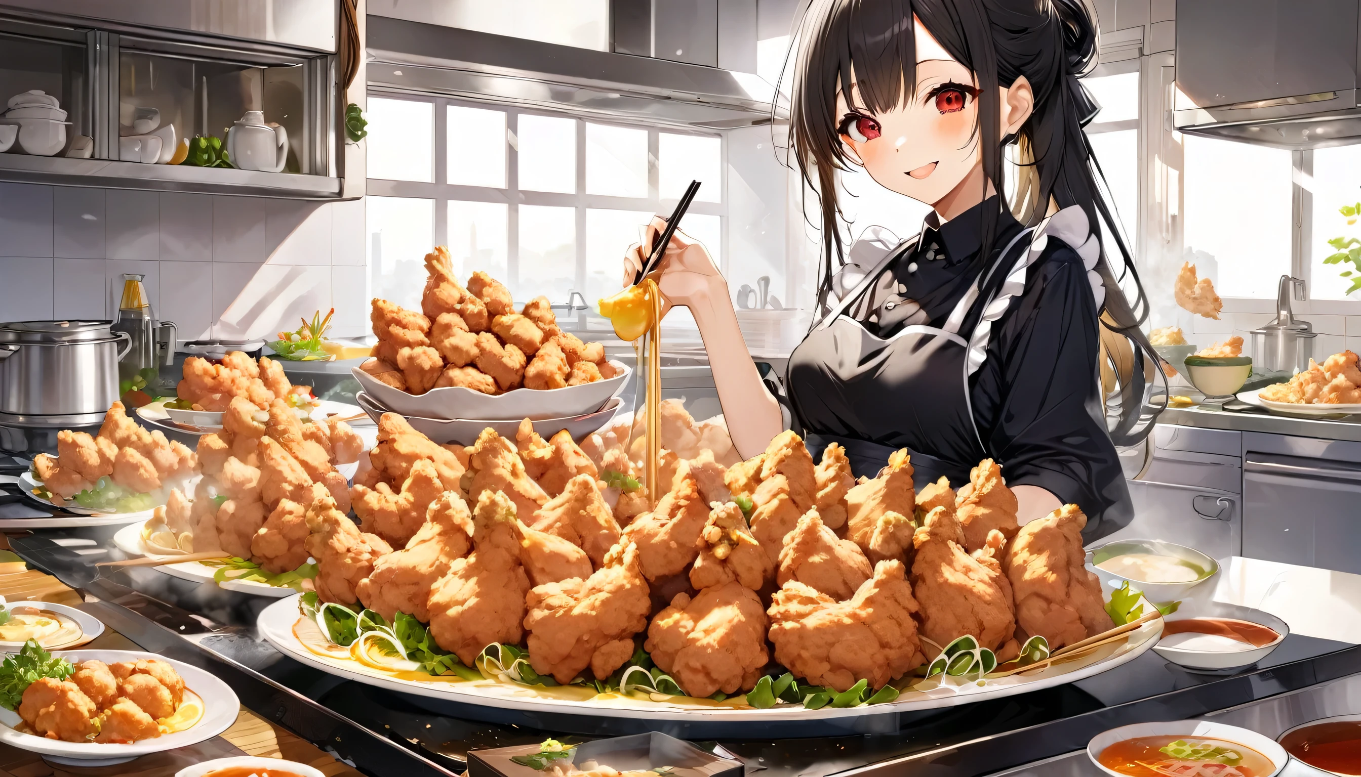((cooking style)) (making chicken Karaage in Big flyer), (in a lovely black Apron dress) (solo straight black hair long hair cute femdom girl, 18 yo, detailed red eyes, sexy smile), BREAK, (in the Large kitchen, many chicken Karaage on the biggest dishes), break, perfect anatomy, masterpiece, best quality, 16k.