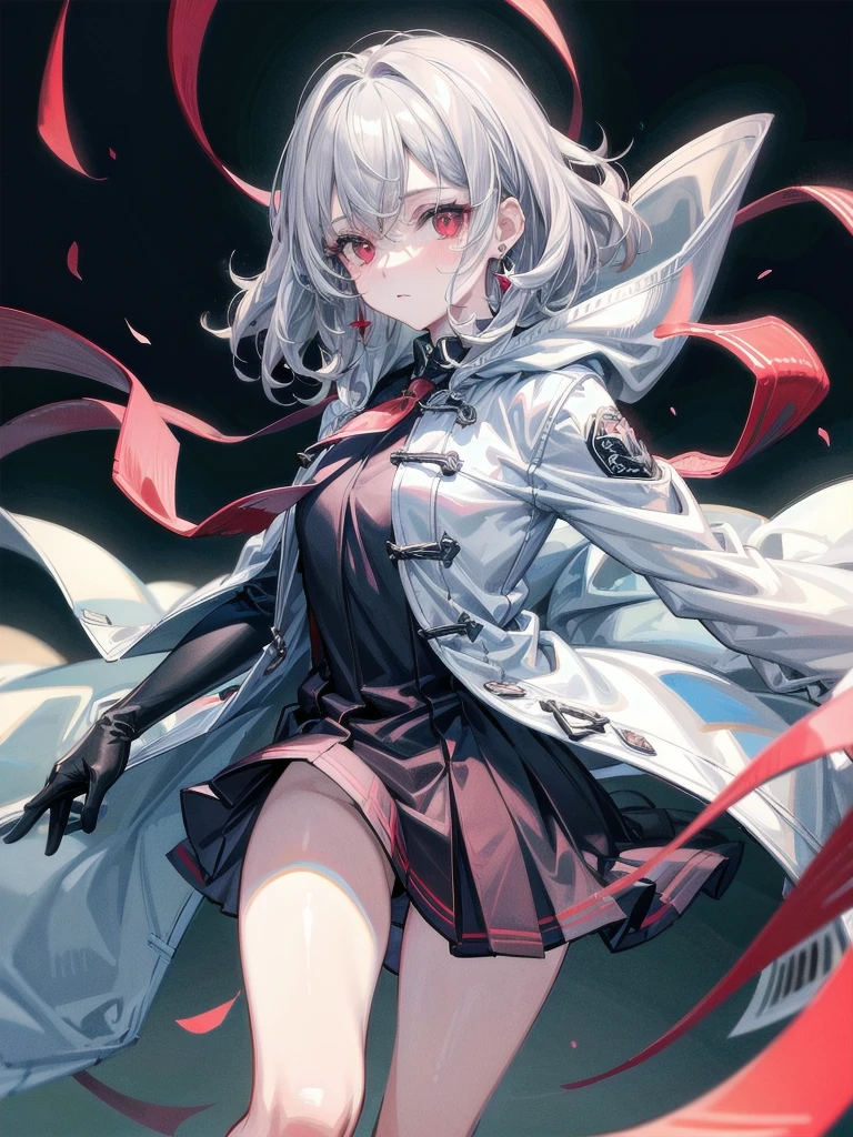duffle coat, absurdres, RAW photo, extremely delicate and beautiful, masterpiece, Best Quality, ultra high resolution, 32k, hyperrealistic, ultra-detailed, detailed description, pale skin, 20 years old, tearful mole, earring, short medium hair, wavy hair, whole body shot, legs, Red eyes,