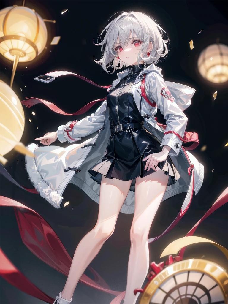 duffle coat, absurdres, RAW photo, extremely delicate and beautiful, masterpiece, Best Quality, ultra high resolution, 32k, hyperrealistic, ultra-detailed, detailed description, pale skin, 20 years old, tearful mole, earring, short medium hair, wavy hair, whole body shot, legs, Red eyes,
