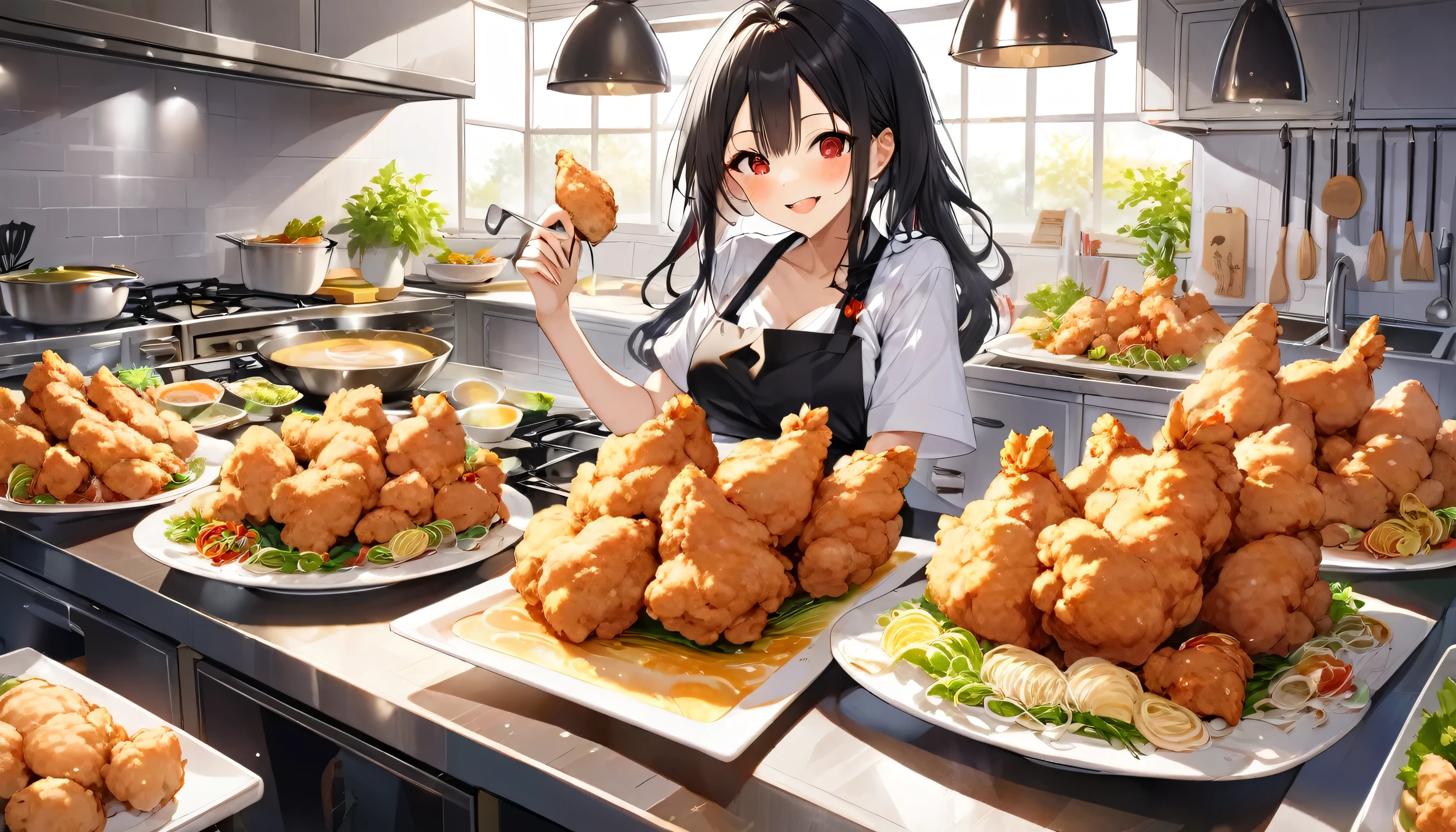 ((cooking style)) (making chicken Karaage in Big flyer), (in a lovely black Apron dress) (solo straight black hair long hair cute femdom girl, 18 yo, detailed red eyes, sexy smile), BREAK, (in the Large kitchen, many chicken Karaage on the biggest dishes), break, perfect anatomy, masterpiece, best quality, 16k.