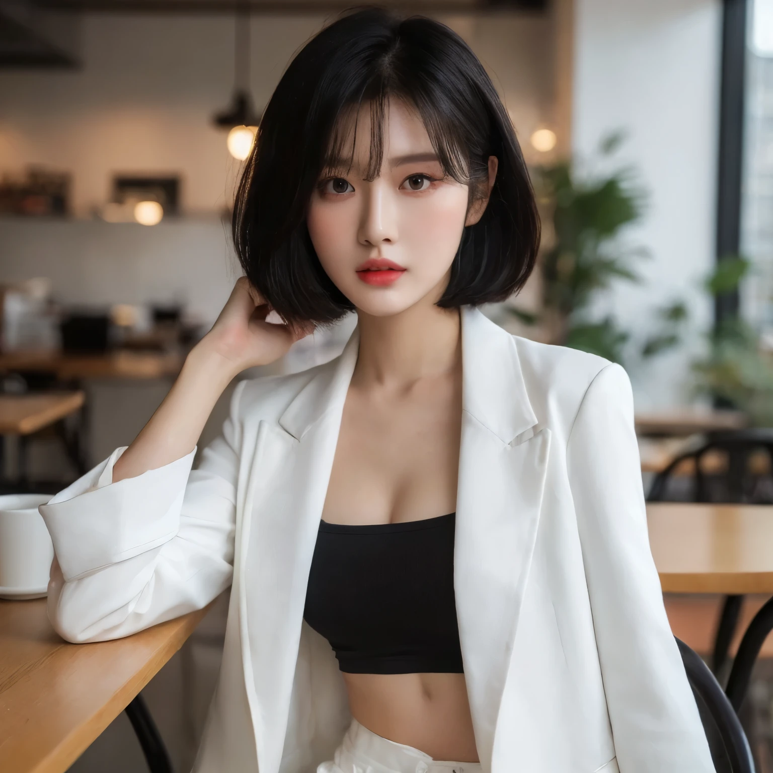((Realistic lighting, Best Quality, 8K, Masterpiece: 1.3)), Clear focus: 1.2, a young woman, short black hair, black crop top, white blazer, white pants, pink lips, eyeshadow, blush on, cafe background, Asian woman, realistic, ultra HD, Super Fine Face, Fine Eyes, Double Eyelids, Fair Skin