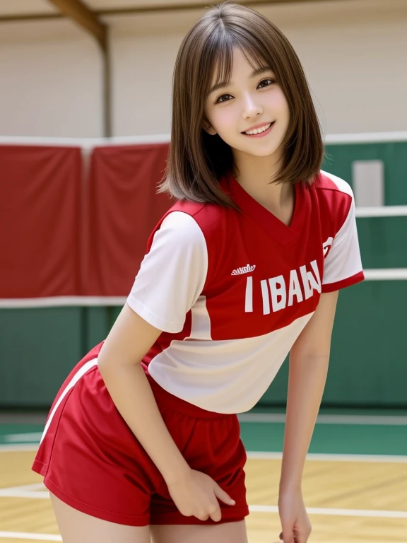 masterpiece, highest quality, High resolution, wallpaper, Realistic, Bright lighting, Professional Lighting, Face Light, Smooth lighting, Japanese Girls, ((Whole body 1.4)),Are standing, 15 years old,cute, smile, beautiful girl, gravure, sexy, so beautiful, Beautiful Skin, Beautiful and detailed、Detailed face、slim、Moderate, short hair, Brunette colored hair, Brown eyes, View your viewers,Red volleyball player uniform,Indoor volleyball court,Small,