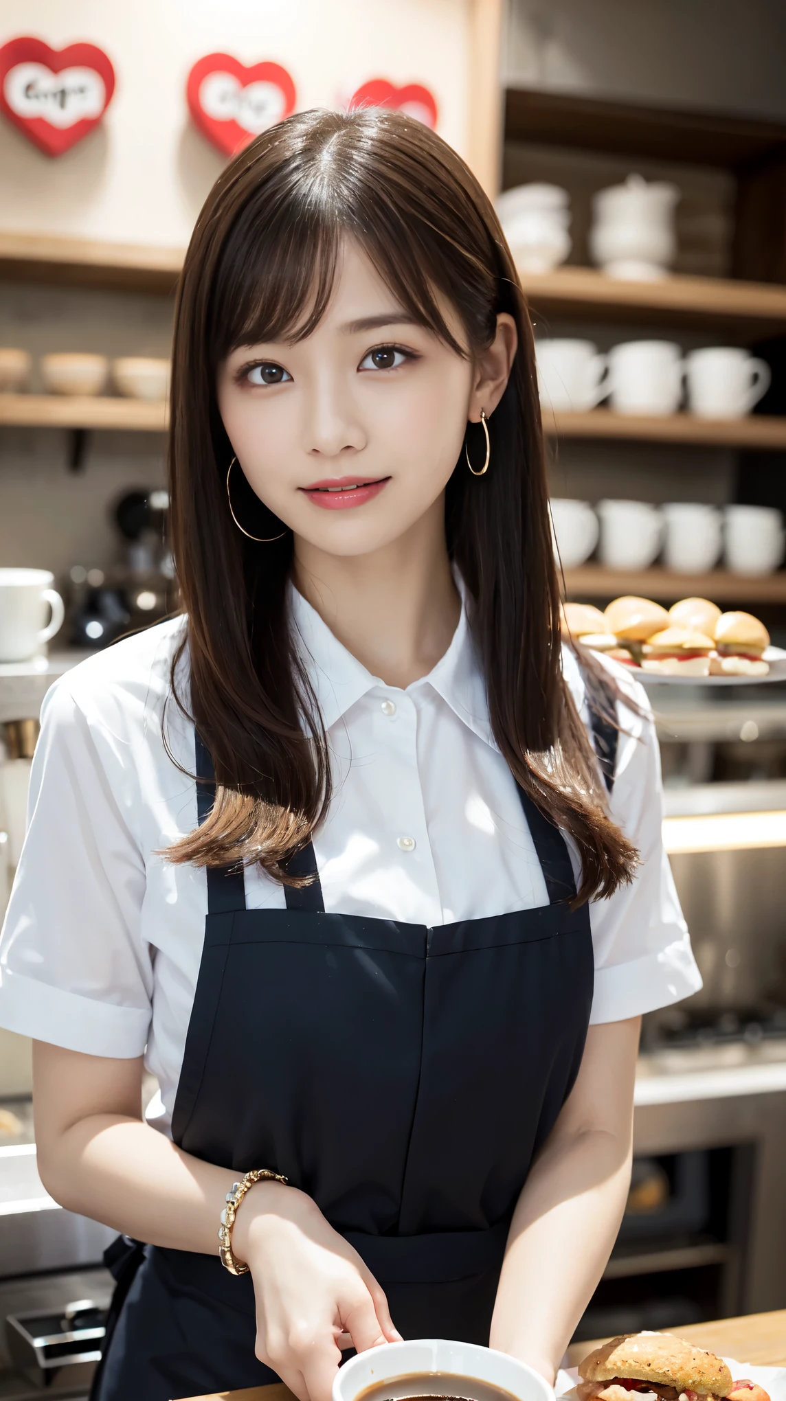 Graceful features,Glowing Skin,girl,The only person,Barista,Watery eye,Glowing Eyes,smile,Long white hair,Brown haired,Wave Head,Heart-shaped hair ornament,bracelet,collar,Hoop Earrings,Workplace uniforms,apron,Fast Food Uniforms,Facing the audience,Holding a mug,Coffee shop,BREAK ceremony,((Random sexy poses、put in、Deep joy, Ecstatic eyes:1.2)), ((I gasp hard:1.2))、Ecstatic face、Climax expression, Through clenched teeth、My whole body is convulsing、Official Art,Highly detailed CG Unity 8k wallpaper, (masterpiece:1.0),(highest quality:1.0), photo shoot, 8k, Browsing Caution, High resolution, Kodak Portrait 400, Film Grain, Lens flare brilliance,Very low camera angle, View your viewers