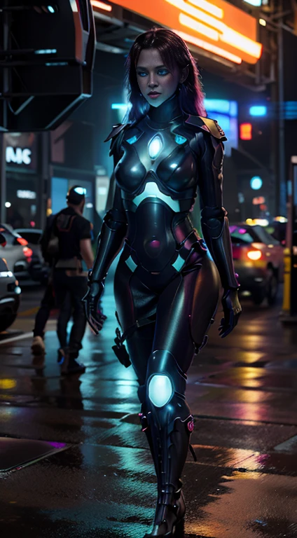 full body woman in cyberpunk cyti walking glowing neon stripes on the dress's boots, vibrant color, cyberpunk style, ultra realistic, howling banshee
