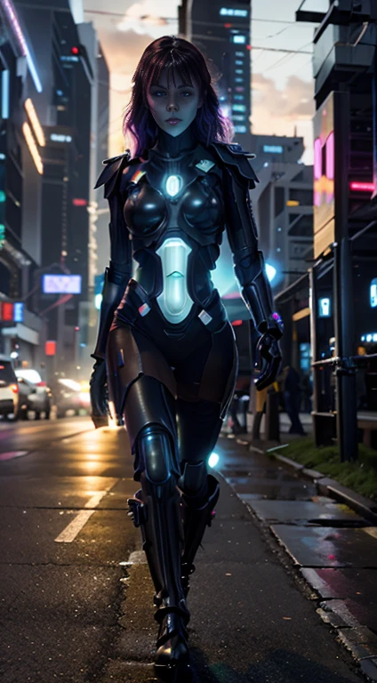 full body woman in cyberpunk cyti walking glowing neon stripes on the dress's boots, vibrant color, cyberpunk style, ultra realistic, howling banshee
