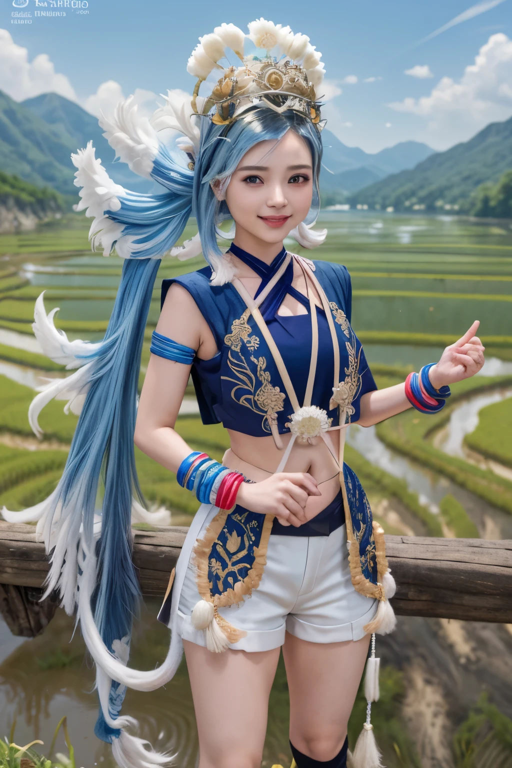 masterpiece, best quality, absurdres, perfect anatomy, realistic, cosplayer, 1girl, solo, Kobo3rd, side ponytail, bracelet, hair ornament, blue shirt, sleeveless, midriff, white shorts, standing, river, beautiful mountain background, ricefield, smile, outdoors,wear Indonesian traditional dress