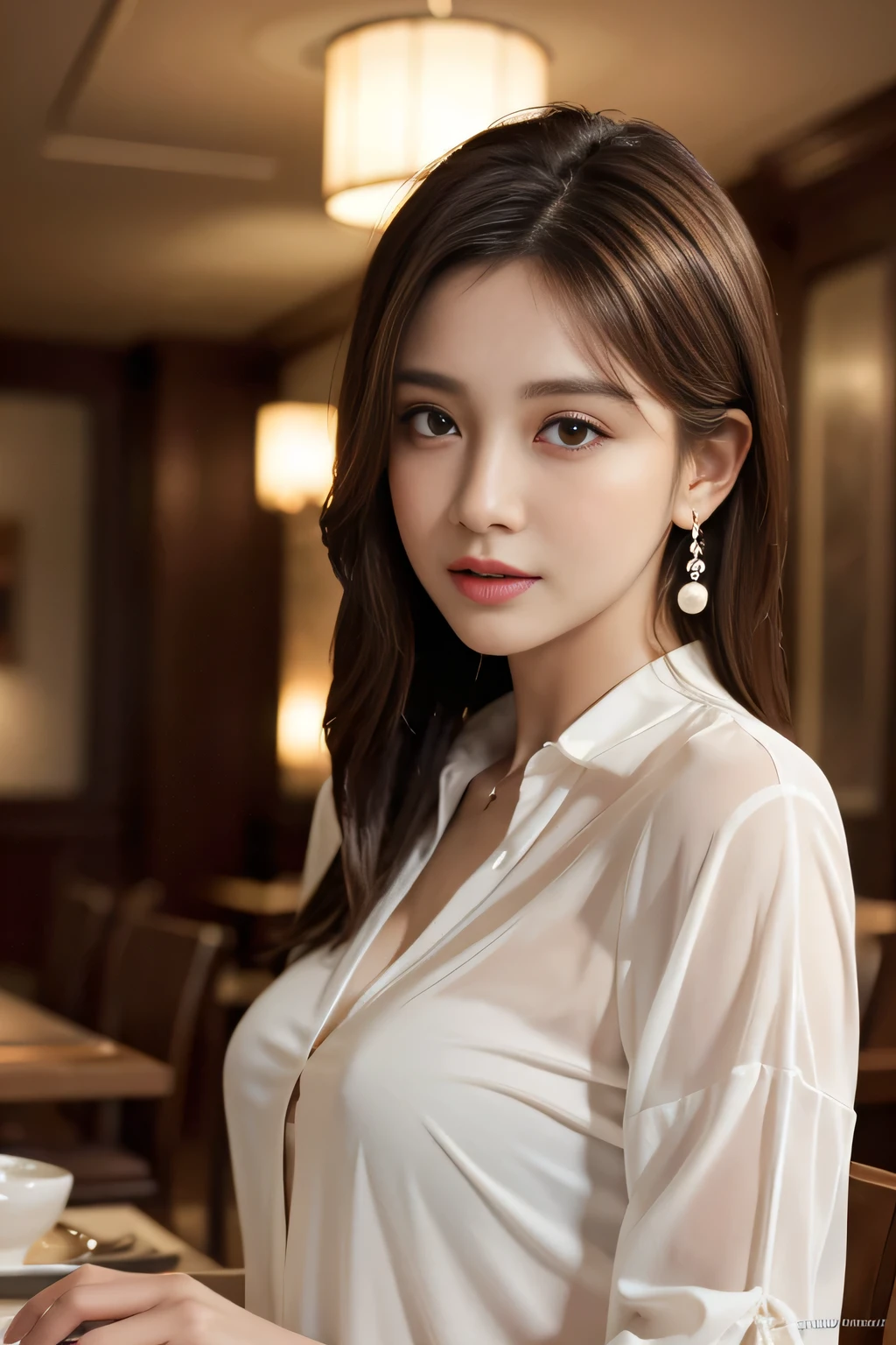 masterpiece, highest quality, Realistic, Very detailed, Finer details, High resolution, 8k wallpaper, One beautiful woman, Wear a pearl white see-through shirt, In a great restaurant, At night, Light brown messy hair, Perfect dynamic composition, Beautiful and beautiful eyes、Big earrings