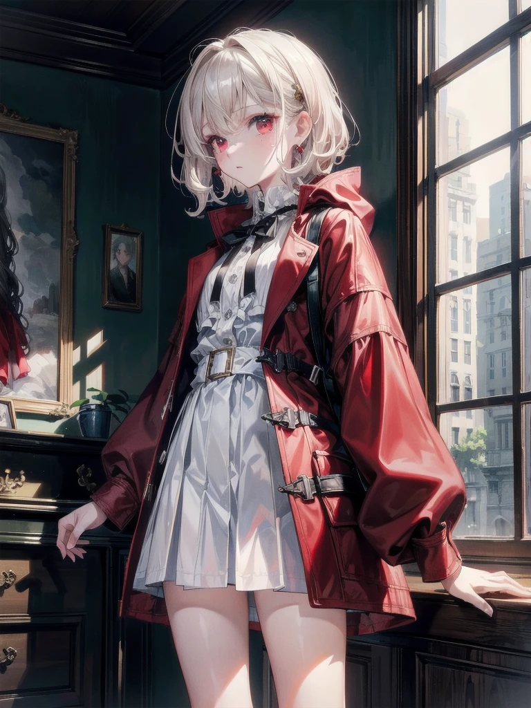 duffle coat, absurdres, RAW photo, extremely delicate and beautiful, masterpiece, Best Quality, ultra high resolution, 32k, hyperrealistic, ultra-detailed, detailed description, pale skin, 20 years old, tearful mole, earring, short medium hair, wavy hair, whole body shot, legs, Red eyes,