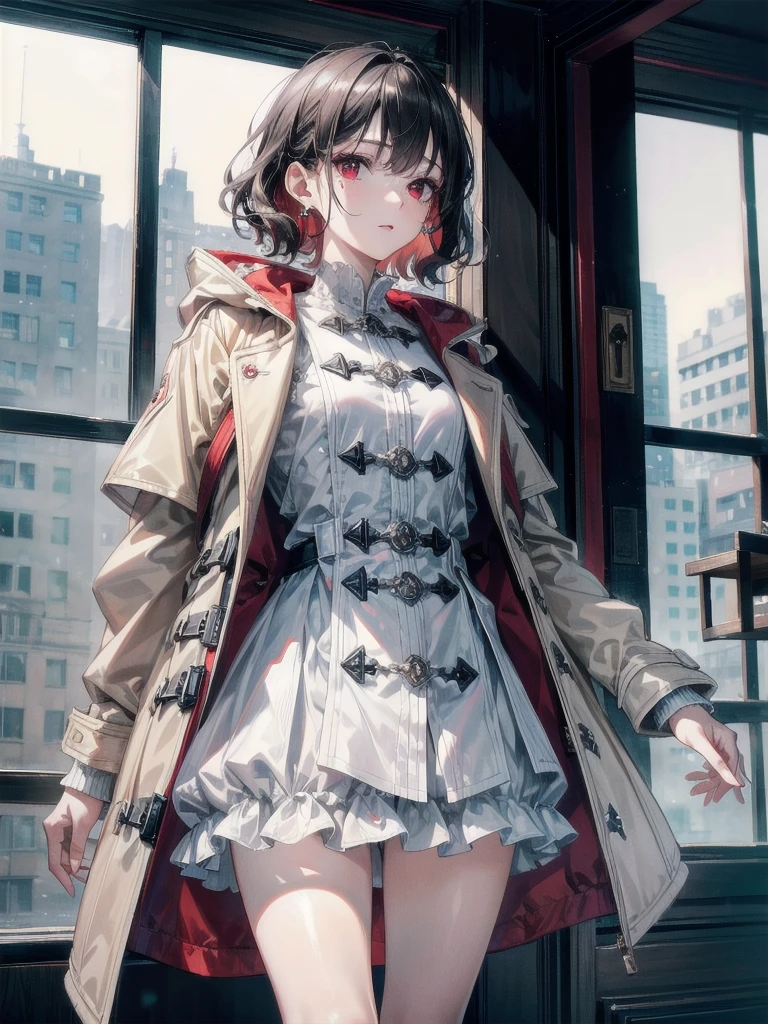 duffle coat, absurdres, RAW photo, extremely delicate and beautiful, masterpiece, Best Quality, ultra high resolution, 32k, hyperrealistic, ultra-detailed, detailed description, pale skin, 20 years old, tearful mole, earring, short medium hair, wavy hair, whole body shot, legs, Red eyes,