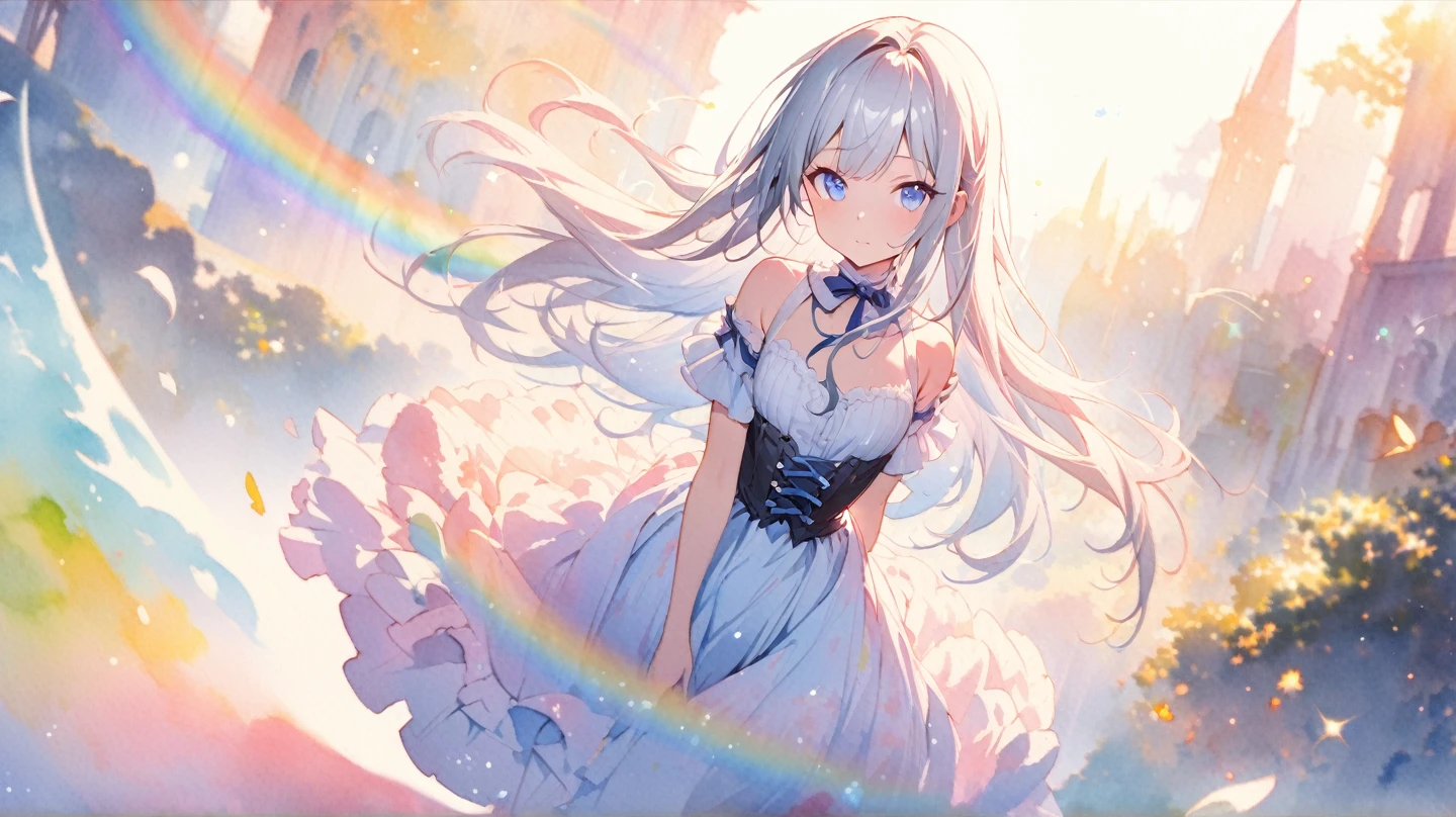 (detailed description)+,(best quality)+,(extremely detailed)+,(masterpiece)+,(ultra detailed)+,(best illustration)++,(best shadow),original, illustration, best quality, masterpiece, dynamic angle, detailed beautiful background, depth of field, beautiful light and shadow, silver hair, blue eyes, long hair, ribbon, small breasts,(cute skirt), girly, fairytale, ((watercolor \(medium\))), looking at viewer, dreamy world, fantasy, rainbow, colorful, sparkles, majestic scenery, lusty, alluring