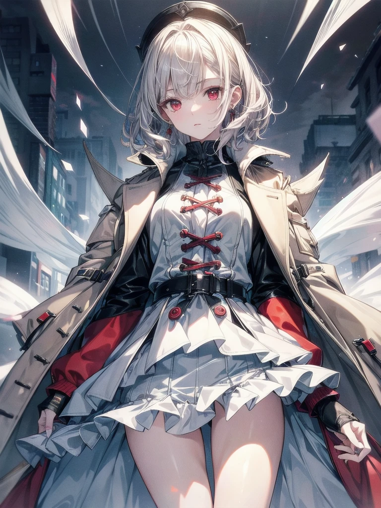 duffle coat, absurdres, RAW photo, extremely delicate and beautiful, masterpiece, Best Quality, ultra high resolution, 32k, hyperrealistic, ultra-detailed, detailed description, pale skin, 20 years old, tearful mole, earring, short medium hair, wavy hair, whole body shot, legs, Red eyes,