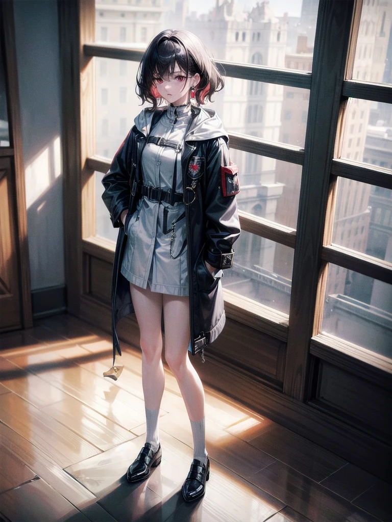 duffle coat, absurdres, RAW photo, extremely delicate and beautiful, masterpiece, Best Quality, ultra high resolution, 32k, hyperrealistic, ultra-detailed, detailed description, pale skin, 20 years old, tearful mole, earring, short medium hair, wavy hair, whole body shot, legs, Red eyes,