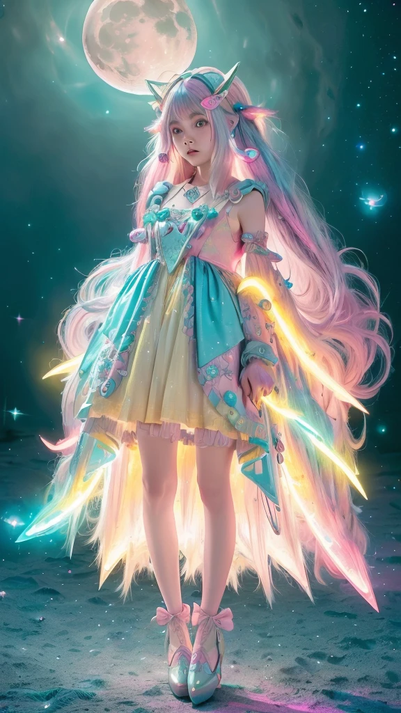 ((Surrounded by the Moon beams)) in side a Crater ((eyes open)) wearing an armour dress with galaxies on the surface ((holding a pink owl with green eyes. Yellow short beak. ((Is a girl with long teal mix blue hair and pink oyster diamond covered hairclips in her hair))(( full body)