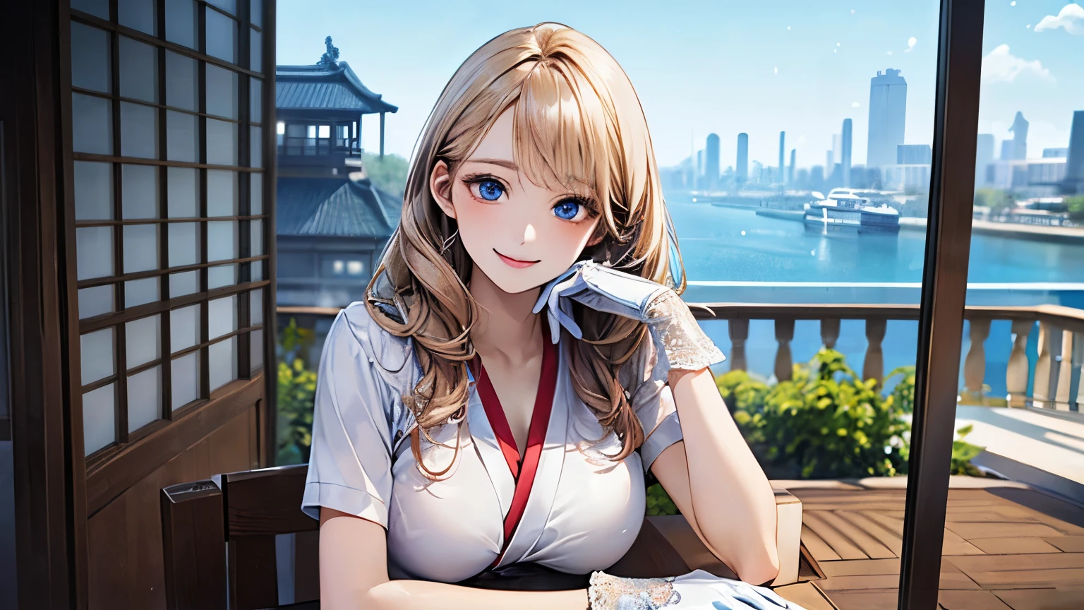 ((((, , Perfect Anatomy, Highly detailed skin)))), 1 girl, Japanese, 19 years old, White skin, Shiny skin, Big Breasts:0.5, Take in the view, (smile:1.5), 
Beautiful fine details, (Mid-length hair:1.1, Half Up:1.5), Blonde Hair, blue eyes, Pink Lips, Baby Face,
((Short sleeve, White gloves)), 
(Beautiful views), 
(8k, highest quality, Masterpiece​, Super detailed, ), (Realistic), figure, Cinema Lighting,Reading a book、whole body