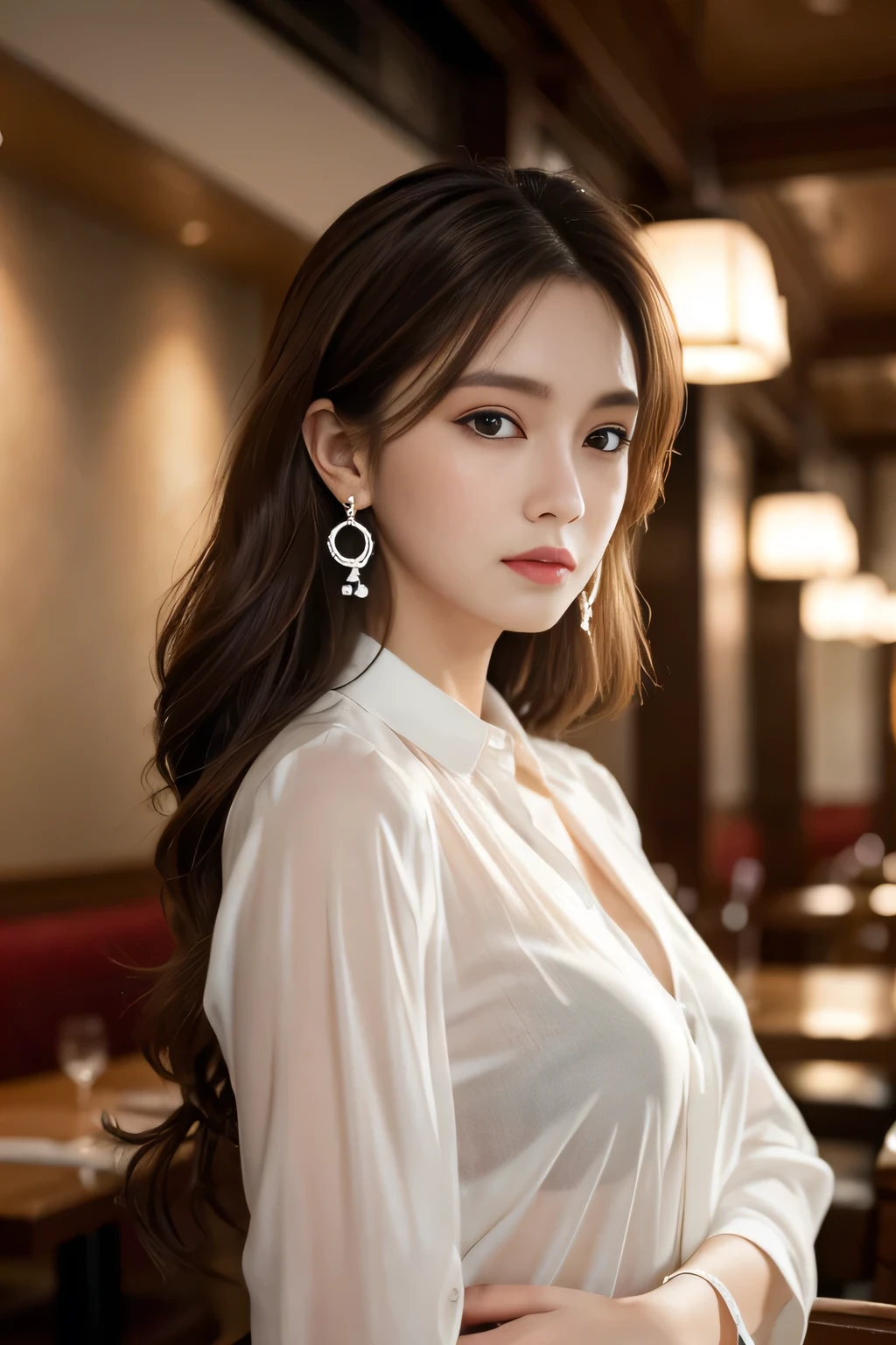 masterpiece, highest quality, Realistic, Very detailed, Finer details, High resolution, 8k wallpaper, One beautiful woman, Wear a pearl white see-through shirt, In a great restaurant, At night, Light brown messy hair, Perfect dynamic composition, Beautiful and beautiful eyes、Big earrings