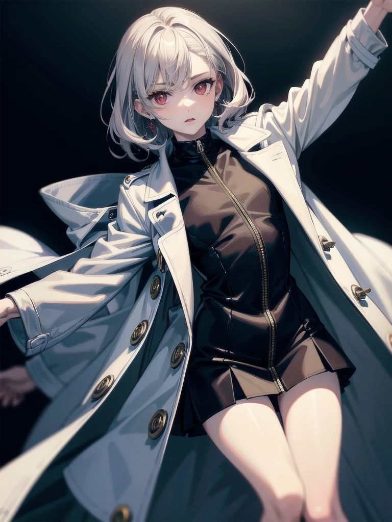 duffle coat, absurdres, RAW photo, extremely delicate and beautiful, masterpiece, Best Quality, ultra high resolution, 32k, hyperrealistic, ultra-detailed, detailed description, pale skin, 20 years old, tearful mole, earring, short medium hair, wavy hair, whole body shot, legs, Red eyes,