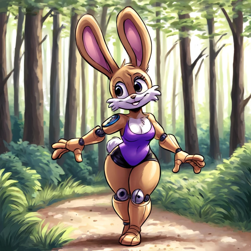 Bunnie Rabbot from Sonic Satam, wearing purple one piece swimsuit, wearing black shorts, brown fur, one robotic leg, thick thighs, beautiful limbs, walking in the forest, high quality, Dan Haskett Character Design style,