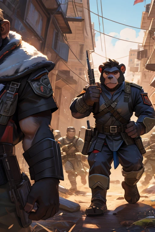 furry Bear soldier vs furry chimpanzee soldier, CQB combat , in the battlefield