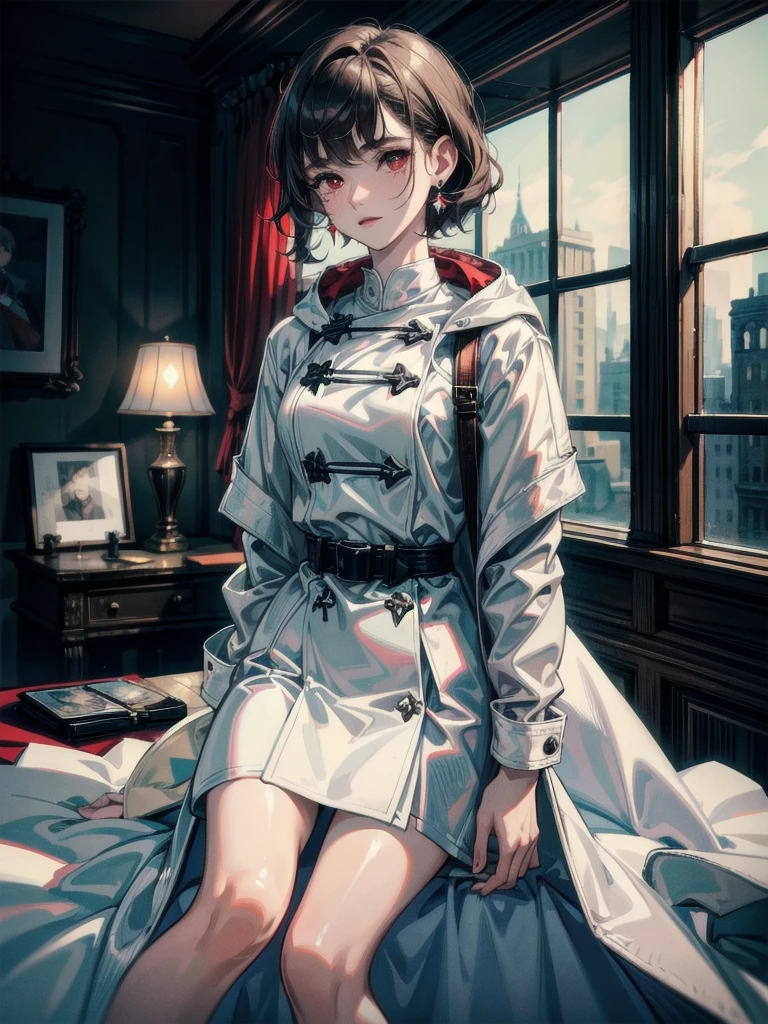 duffle coat, absurdres, RAW photo, extremely delicate and beautiful, masterpiece, Best Quality, ultra high resolution, 32k, hyperrealistic, ultra-detailed, detailed description, pale skin, 20 years old, tearful mole, earring, short medium hair, wavy hair, whole body shot, legs, Red eyes,