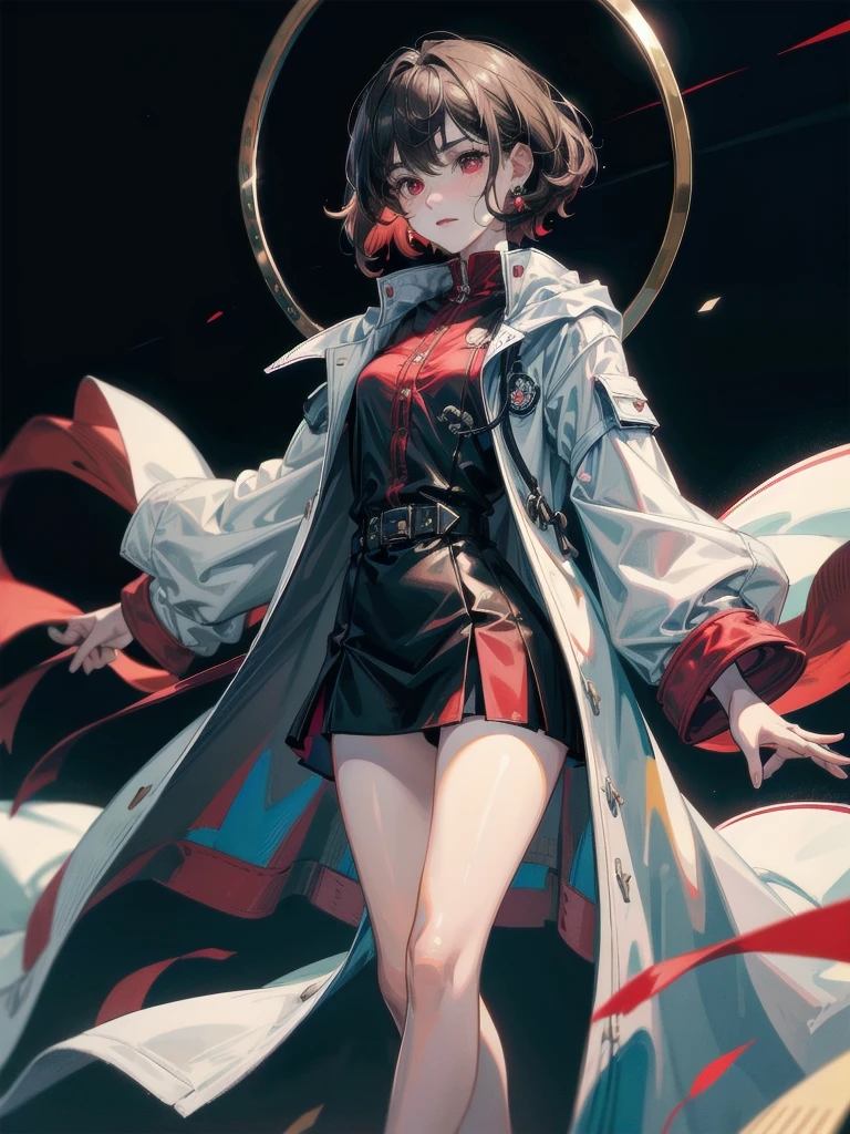 duffle coat, absurdres, RAW photo, extremely delicate and beautiful, masterpiece, Best Quality, ultra high resolution, 32k, hyperrealistic, ultra-detailed, detailed description, pale skin, 20 years old, tearful mole, earring, short medium hair, wavy hair, whole body shot, legs, Red eyes,