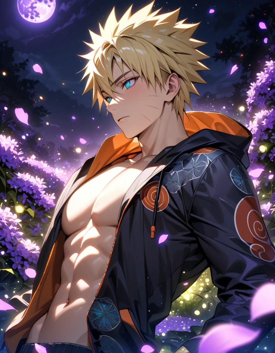 Ultra detailed, Highres, absurdres, HDR, Uzumaki Naruto, blond hair, expressive blue eyes, Naruto Shippuden, black clothes with patterns with a hoodie, sexy man, solo, purple flowers, fireflies, handsome, petals, purple lights, shining purple moon, toned chest, master piece, best quality
