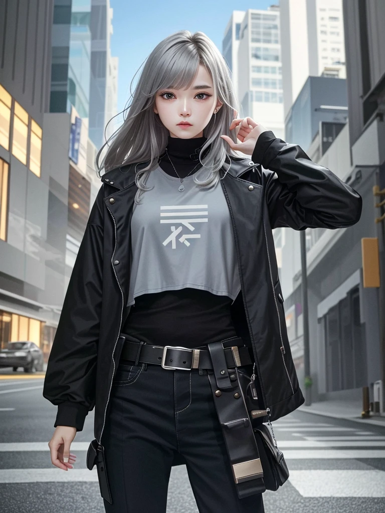 cyberpunk characters,Silver-haired girl,The mech stood behind the girl。