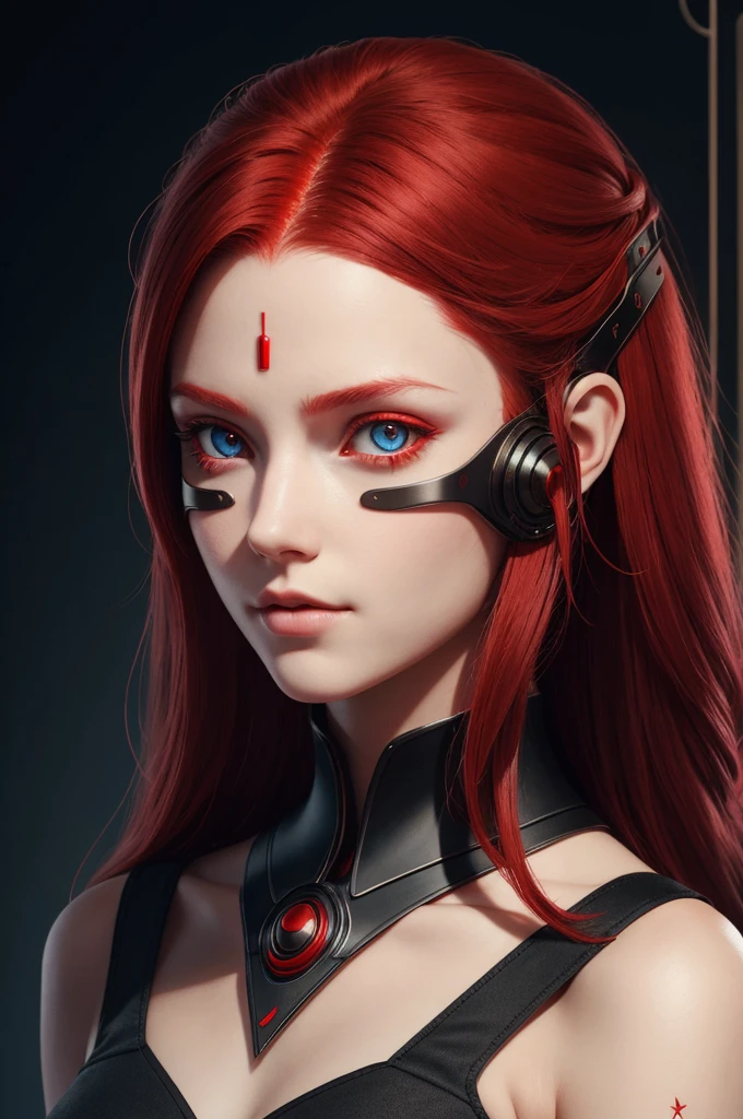 Girl with long red hair, Red Eyes, futuristic vibe, Wear a mask on your mouth, earphone, 8K, high quality, Simple background, Glowing eyes, Beautiful posture