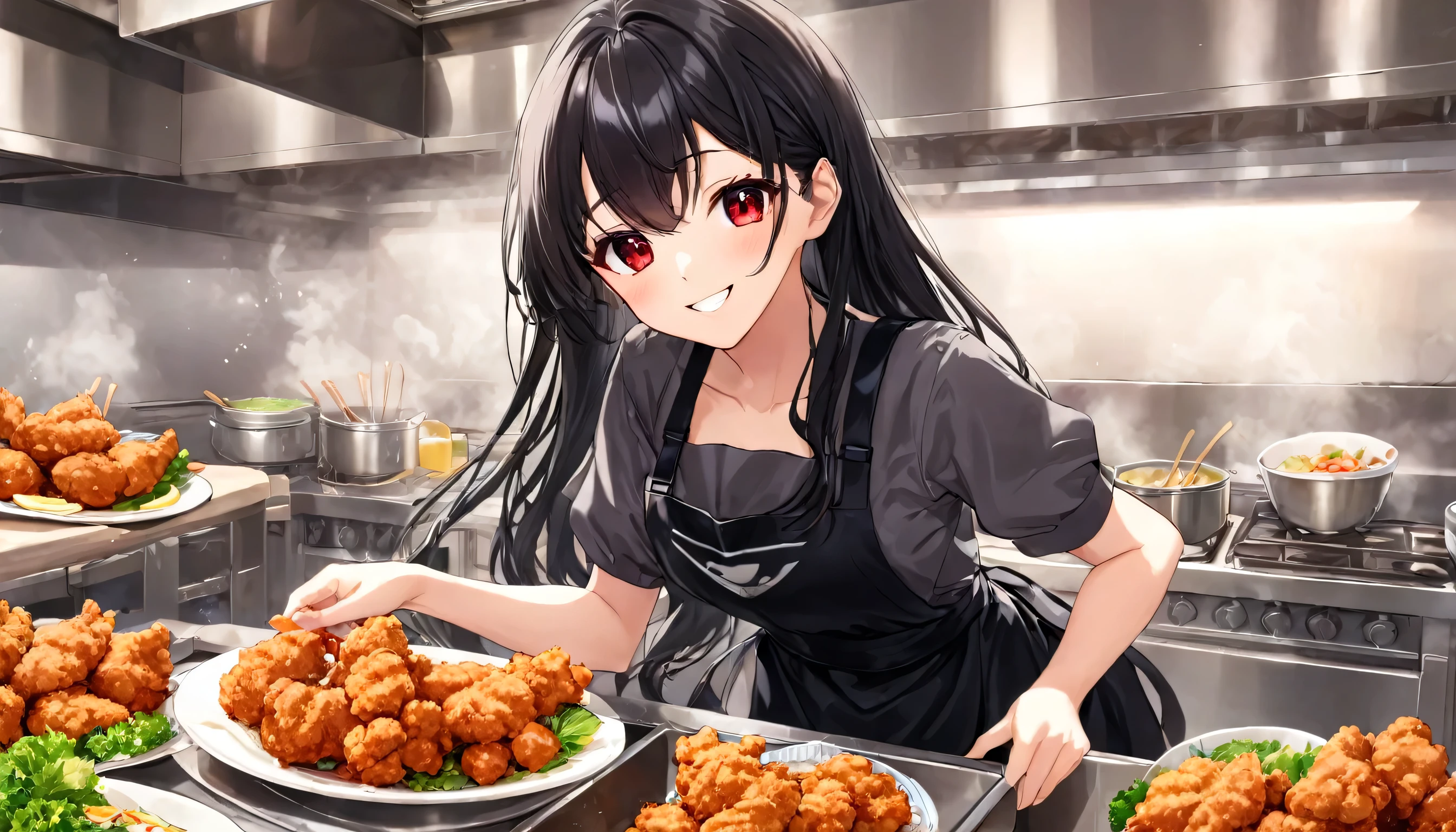 ((cooking style)) (making chicken Karaage in Big flyer), (in a lovely black Apron dress) (solo straight black hair long hair cute femdom girl, 18 yo, detailed red eyes, sexy smile), BREAK, (in the Large kitchen, many chicken Karaage on the biggest dishes), break, perfect anatomy, masterpiece, best quality, 16k.