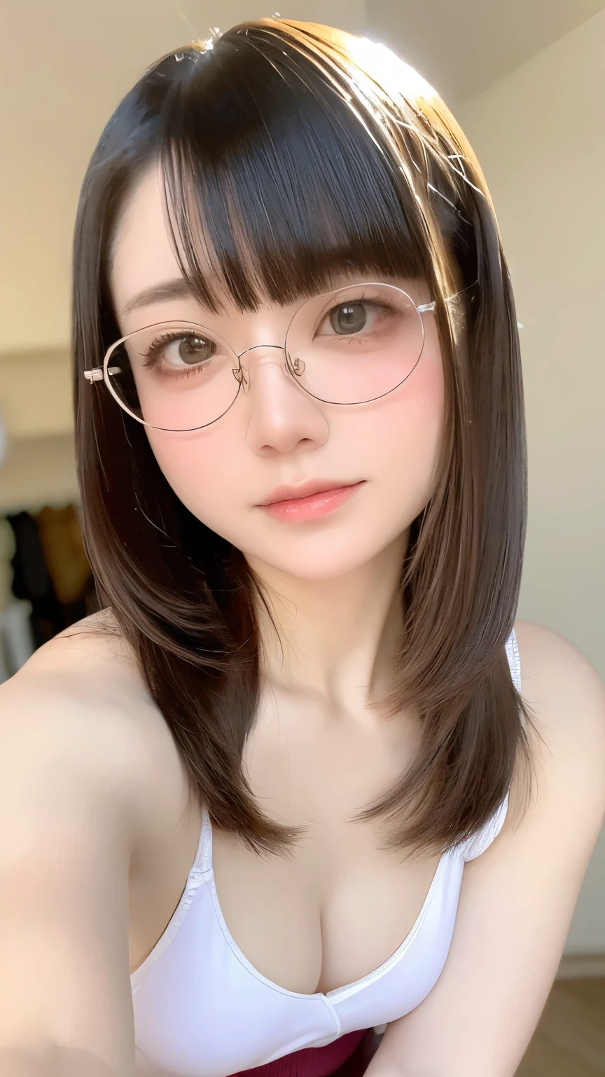 Beautiful and fair、Radiant Skin, 3 Up, Gorgeous, bright, Refreshing and gentle expression, Perfect beautiful face、Beautiful shiny bangs, A very beautiful girl, Eyeliner, Very perfect eyes,Very large breasts,Grooves reveal original skin,Muscular body,Light brown tights,Upper Body,Silver glasses