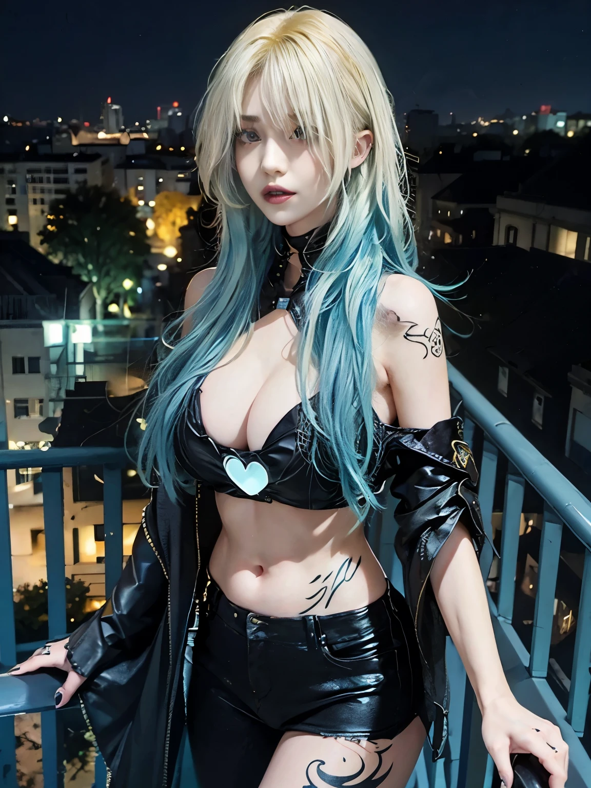 goth, excited, pale skin, smoky eyes, vivid colors, wild hairstyle, yellow and blue ombre hair, green lips, hotel balcony at night, leaning over balcony, leaning, body view, huge breasts, womb tattoo, heart tattoo, ripped clothing, skull tshirt