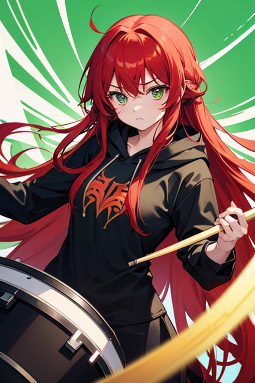 background through, long hair、straight hair、Crimson red hair girl, Light green eyes、Super high quality, 8K、Upper body、Light green background、Band drummer、black hoodie、Light green drum、big tits, Crimson red-haired girl、black hoodie、playing drum, drum stick