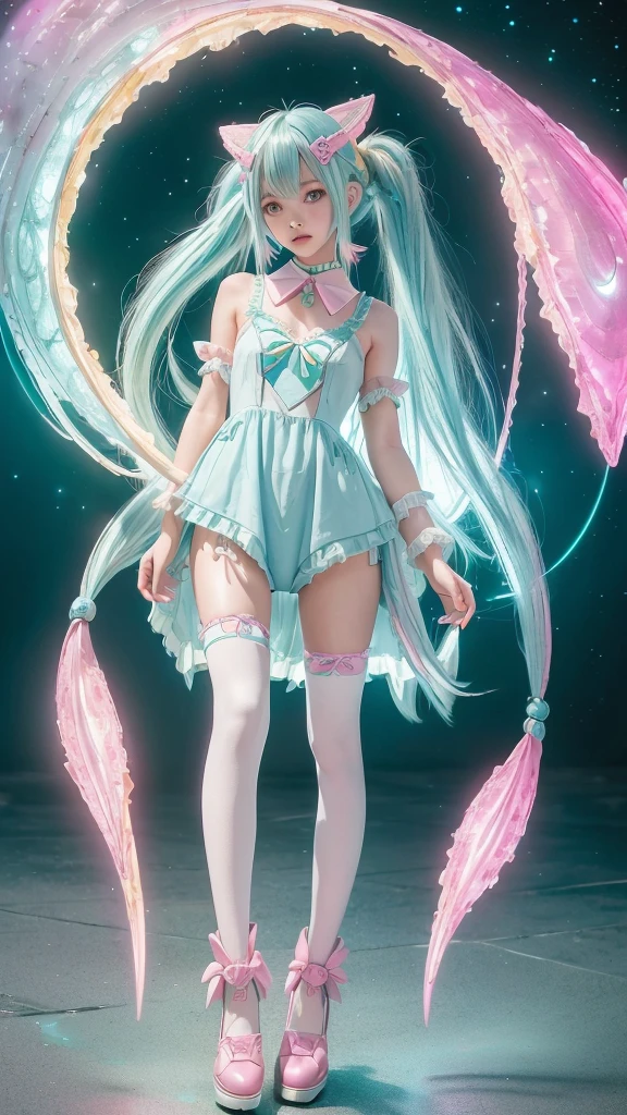 Cute girl, slender girl, moon beams, wewring pink mettalic cyber tight-skin  costume. green eyes. Yellow short beak. ((Is a girl with long teal mix blue hair and pink oyster diamond covered hairclips in her hair))(( full body)