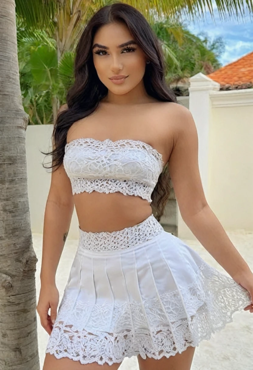 (best high quality:1.5), obra de arte, ((8k)), extremely detailed, (High details:1.4), (Hotlexi woman), Solo, 24 year old Brazilian female, (micro-skirt and crop top strapless),