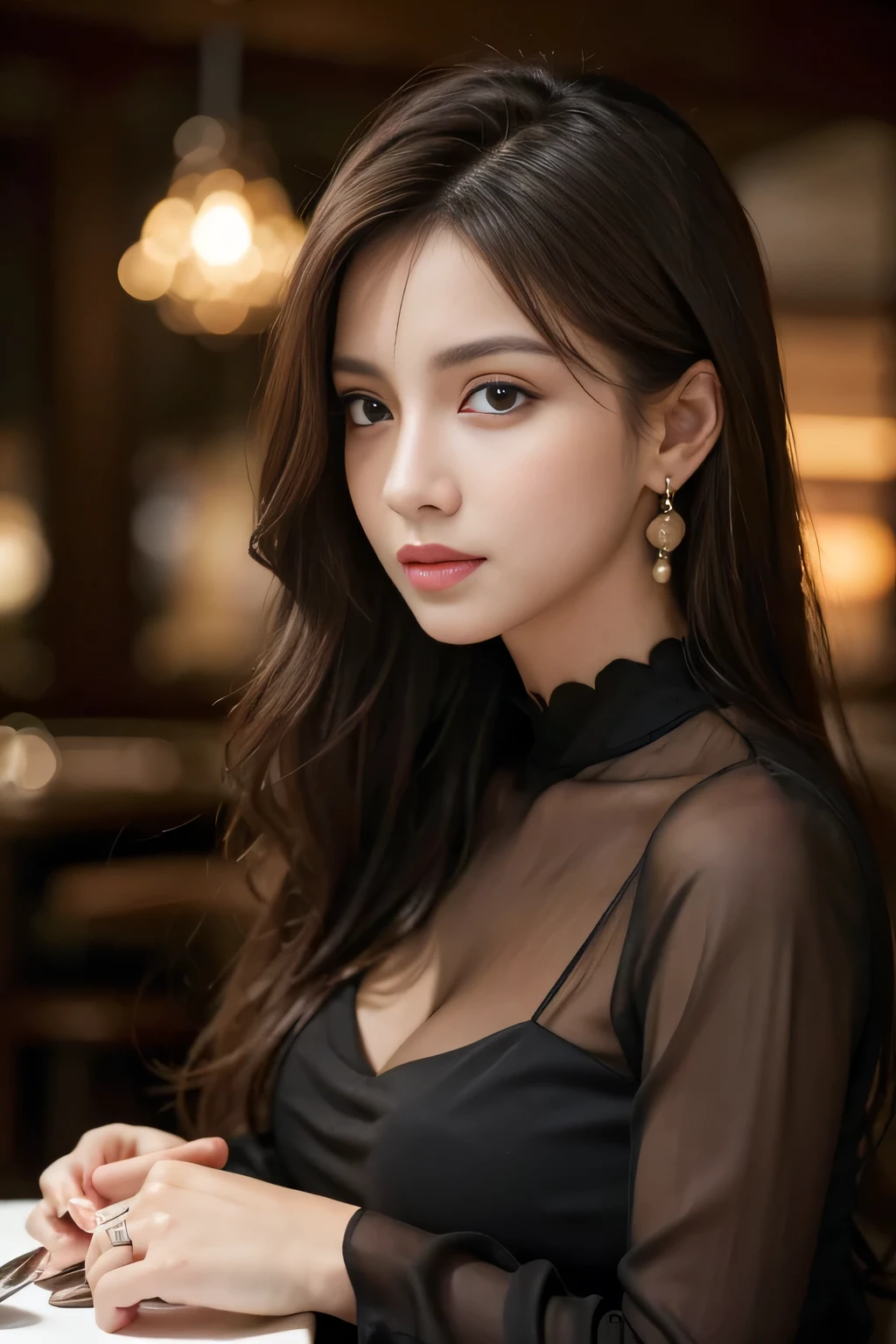 masterpiece, highest quality, Realistic, Very detailed, Finer details, High resolution, 8k wallpaper, One beautiful woman, Wear a black see-through shirt, In a great restaurant, At night, Light brown messy hair, Perfect dynamic composition, Beautiful and beautiful eyes、Big earrings