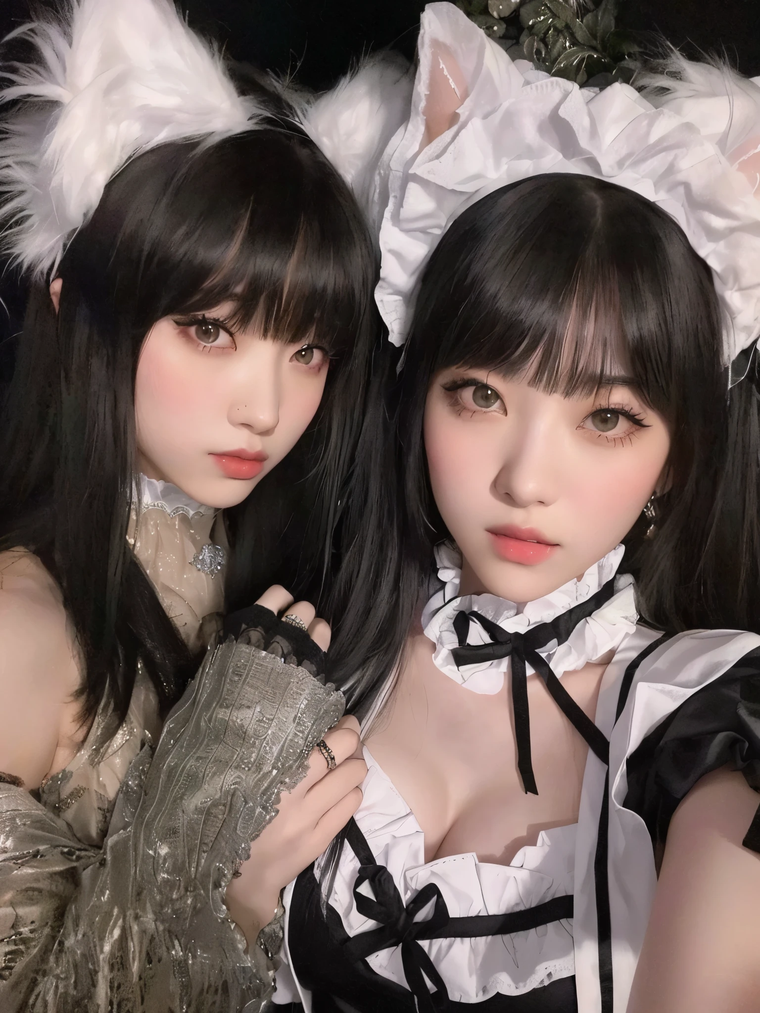 two women vestidoed in costumes posing for a picture with their hands on their hips, gothic girl aesthetic, hada, pelo negro y flequillo blanco, ulzzang, japanese mucama cafe, shikamimi, nixeu y sakimichan, sakimichan, cosplay de un chico gato! mucama! vestido, gothic aesthetic, anime girl in a mucama costume