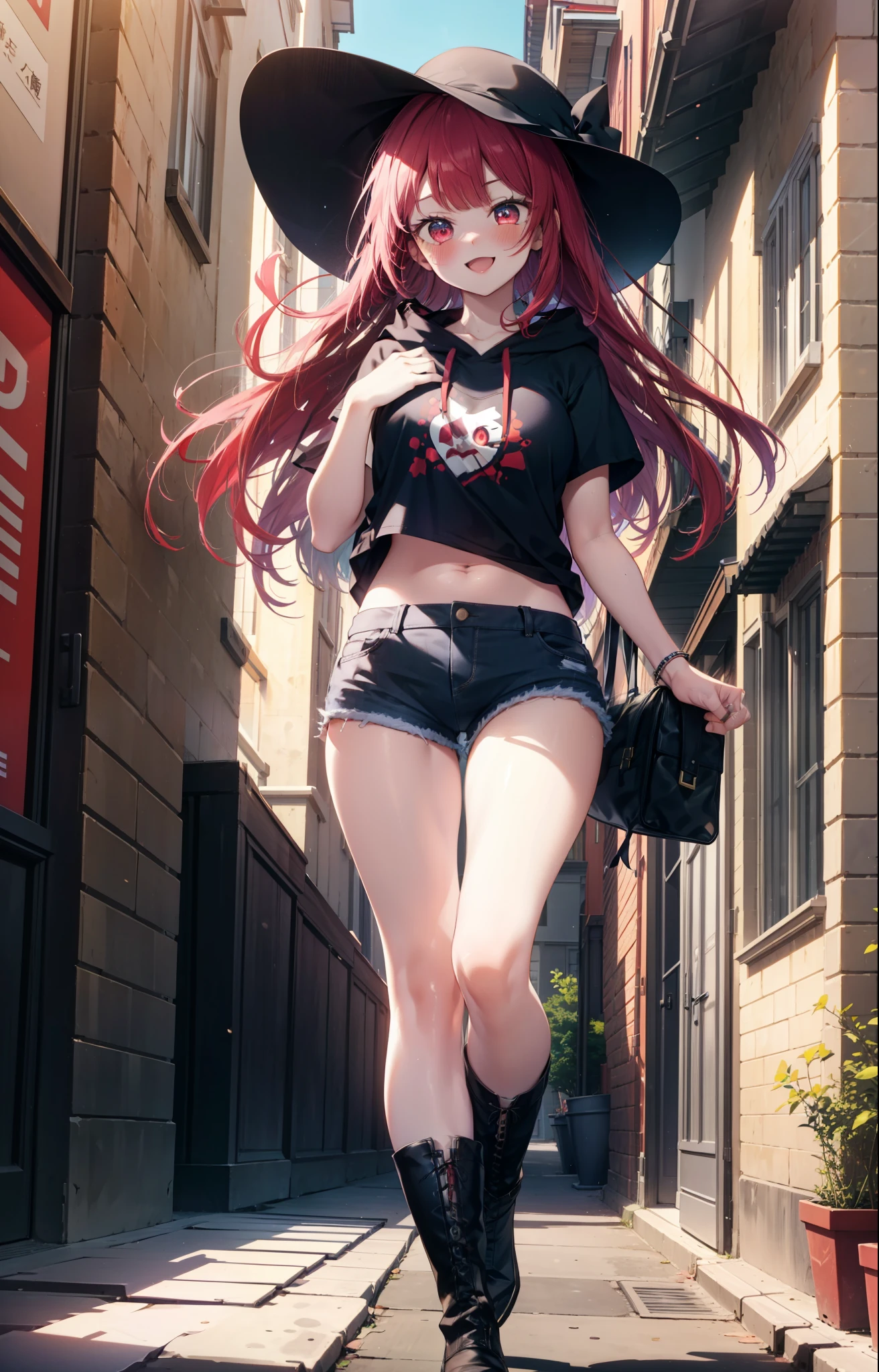 Arima etc., Arima Kana, (Red eyes:1.5), Long Hair,blush,happy smile, smile, Open your mouth,Redhead,Applejack Hat,Red Tank Top Shirt,Black hoodie,Short sleeve,The front is free,Shorts,Black knee socks,short boots,Looking up from below,whole bodyがイラストに入るように,morning,morning陽,The sun is rising,Walking,
break looking at viewer,whole body,
break outdoors, In town,Building district,
break (masterpiece:1.2), highest quality, High resolution, unity 8k wallpaper, (shape:0.8), (Beautiful and beautiful eyes:1.6), Highly detailed face, Perfect lighting, Highly detailed CG, (Perfect hands, Perfect Anatomy),