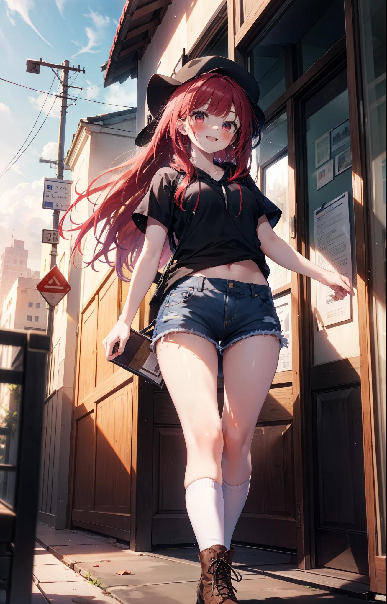 Arima etc., Arima Kana, (Red eyes:1.5), Long Hair,blush,happy smile, smile, Open your mouth,Redhead,Applejack Hat,Red Tank Top Shirt,Black hoodie,Short sleeve,The front is free,Shorts,Black knee socks,short boots,Looking up from below,whole bodyがイラストに入るように,morning,morning陽,The sun is rising,Walking,
break looking at viewer,whole body,
break outdoors, In town,Building district,
break (masterpiece:1.2), highest quality, High resolution, unity 8k wallpaper, (shape:0.8), (Beautiful and beautiful eyes:1.6), Highly detailed face, Perfect lighting, Highly detailed CG, (Perfect hands, Perfect Anatomy),