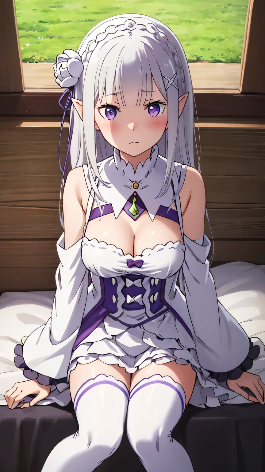 {{{masterpiece}}}, {{{best quality}}}, {{ultra-detailed}}, {illustration}, {{an extremely delicate and beautiful}}, 8k,NSFW, Emilia(Re:Zero), phemilia,1girl, purple eyes, long hair, x hair ornament, white hair, white rose, tiara, braid, low-tied long hair, very long hair, blush, elf, chest, cleavage,  detached sleeves, dress, frills, frilled sleeves, long sleeves, white dress, white thighhighs, gem, thigh boots