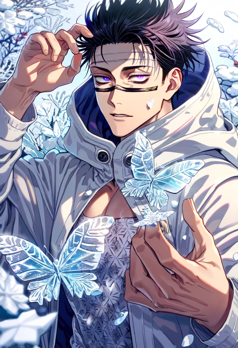 Ultra detailed, Highres, absurdres, HDR, Choso, black hair, expressive purple eyes, white coat with patterns with a hoddie, Jujutsu Kaisen, white flowers, winter, ice, snowflakes, petals, handsome, sexy man, solo, very detailed eyes and face, ice butterflies, master piece, toned chest, glittering