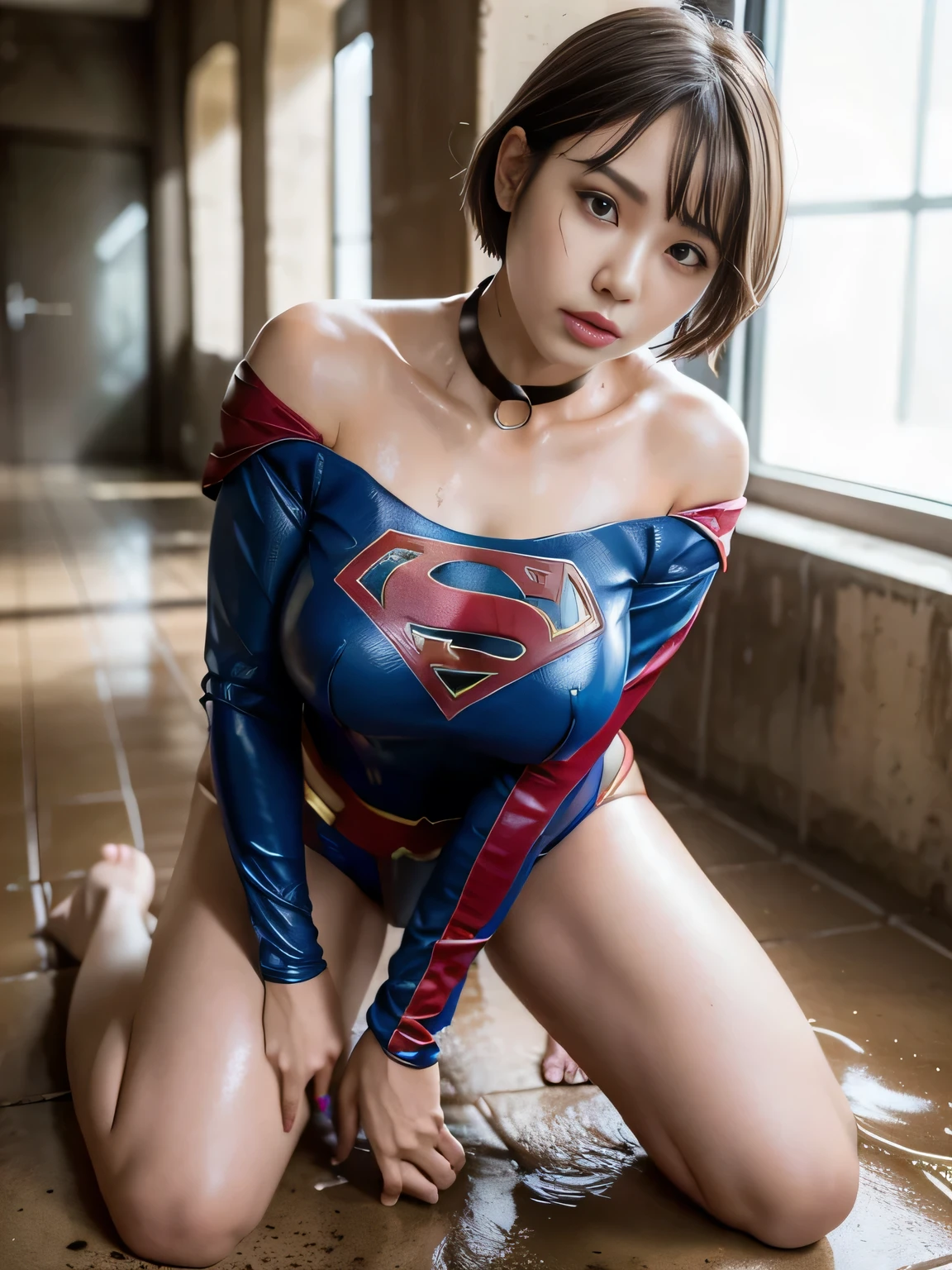 masterpiece、Supergirl Costume、short hair、barefoot、Big and ample breasts、Crisis situation、Complete surrender、Mud stains、ruins、Abused、Kneel、Sweaty、Shiny、looking at the camera、Dripping sewage、choker、Long sleeve、Sexy poses to seduce、Poor environment、Humiliating、Off the shoulder、latex、