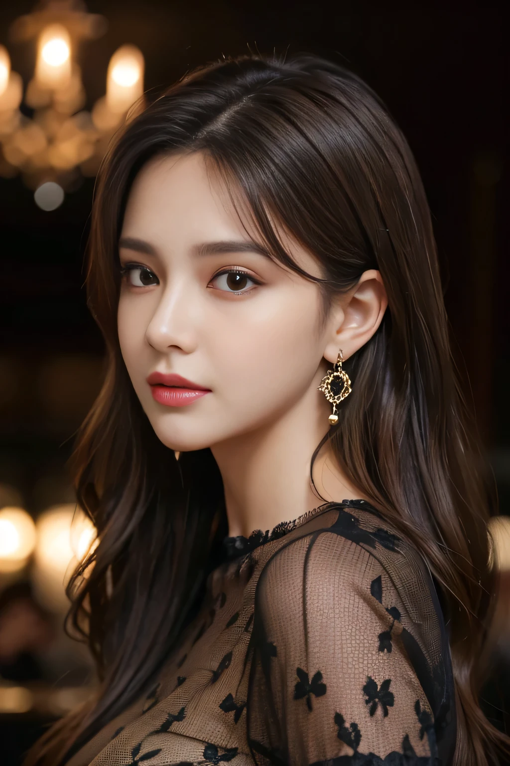 masterpiece, highest quality, Realistic, Very detailed, Finer details, High resolution, 8k wallpaper, One beautiful woman, Wear a black see-through shirt, In a great restaurant, At night, Light brown messy hair, Perfect dynamic composition, Beautiful and beautiful eyes、Big earrings