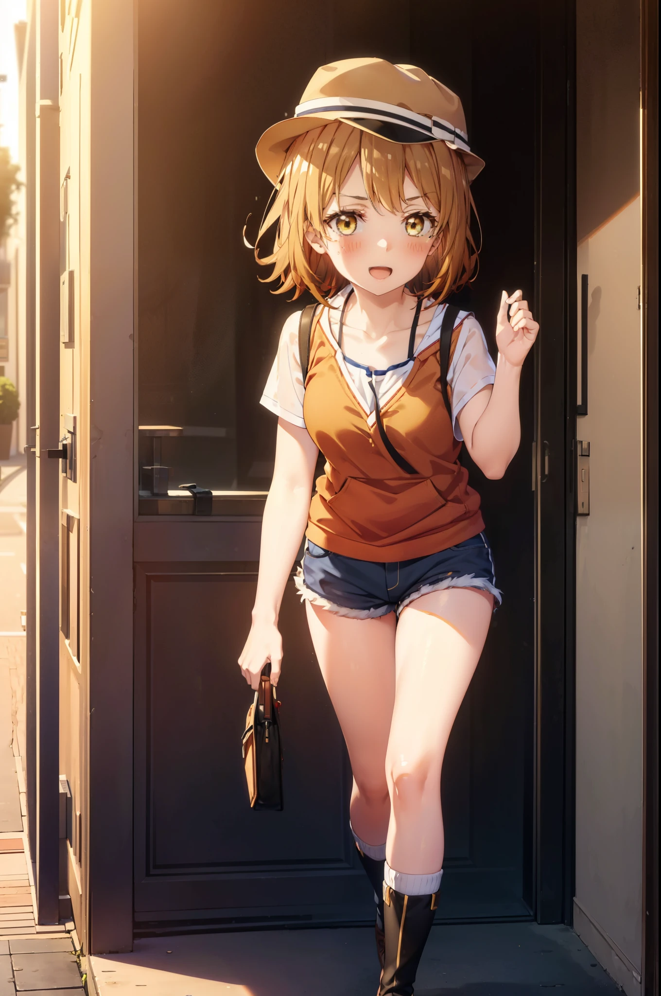 irohaisshiki, iroha isshiki, short hair, Brown Hair, (Brown eyes:1.5), happy smile, smile, Open your mouth,Redhead,Applejack Hat,Red Tank Top Shirt,Black hoodie,Short sleeve,The front is free,Shorts,Black knee socks,short boots,Looking up from below,whole bodyがイラストに入るように,morning,morning陽,The sun is rising,Walking,
break looking at viewer,whole body,
break outdoors, In town,Building district,
break (masterpiece:1.2), highest quality, High resolution, unity 8k wallpaper, (shape:0.8), (Beautiful and beautiful eyes:1.6), Highly detailed face, Perfect lighting, Highly detailed CG, (Perfect hands, Perfect Anatomy),