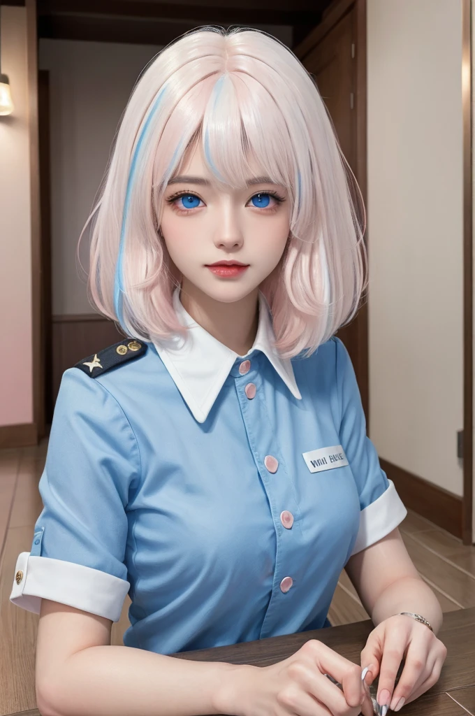 (masterpiece), (high quality), (8k resolution), (original photo), (best quality), (masterpiece:1.5), (Practical:1.5), ((photo Practical)), Vivid details, hyper Practical,1 Girl, (Lovely:1.2), beautiful, high quality、Delicate face, Perfect face, (White hair and light pink hair:1.4), Red face, delicate eyes, (blue eyes),Colored eyes,(Big watery eyes),National Foundation,, slim body, looking at the audience, Shut up, Real human skin, shiny skin, Mid-chest, ((Uniforms)), sit, floor,