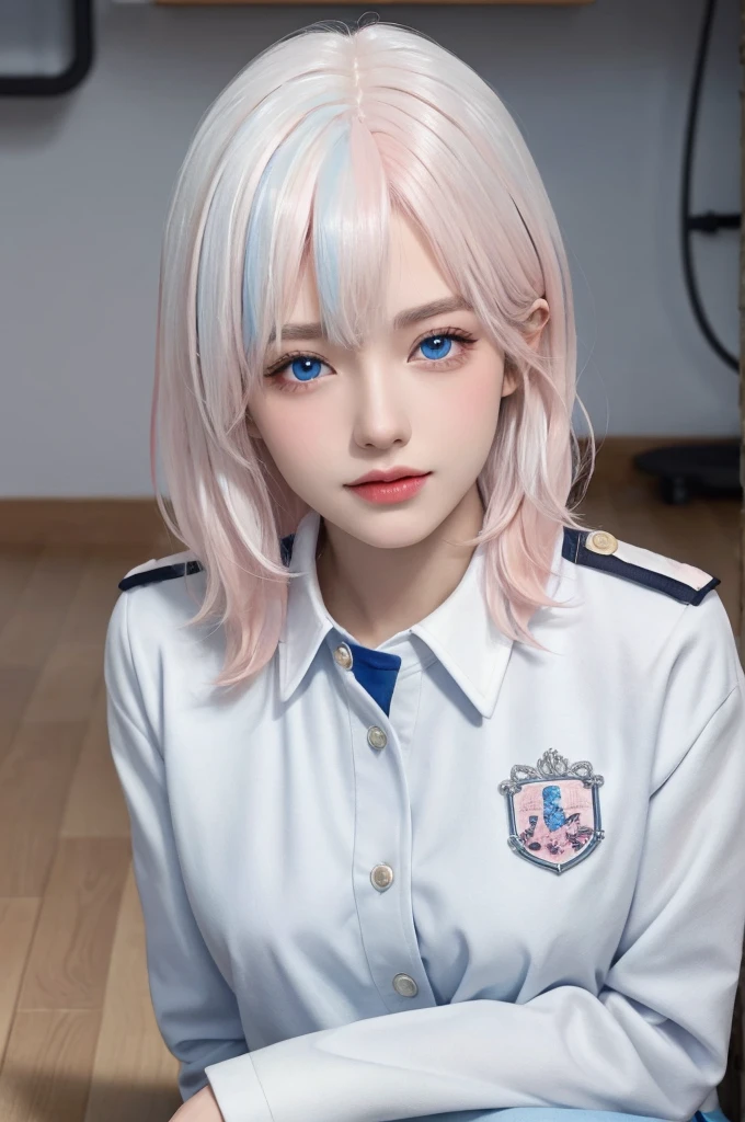 (masterpiece), (high quality), (8k resolution), (original photo), (best quality), (masterpiece:1.5), (Practical:1.5), ((photo Practical)), Vivid details, hyper Practical,1 Girl, (Lovely:1.2), beautiful, high quality、Delicate face, Perfect face, (White hair and light pink hair:1.4), Red face, delicate eyes, (blue eyes),Colored eyes,(Big watery eyes),National Foundation,, slim body, looking at the audience, Shut up, Real human skin, shiny skin, Mid-chest, ((Uniforms)), sit, floor,