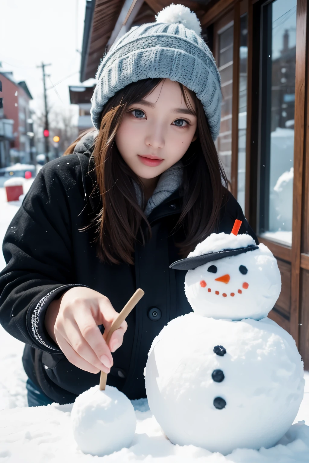Model and background intact, photoreal stick、girl making a snowman, Random Actions,