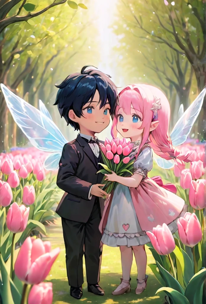 Lalafell boy has black hair, blue eyes, and wears elegant noble clothing. The Lalafell girl has pink hair, blue eyes, and dons a matching noble outfit. Both are Smiling and adorned with delicate, ethereal fairy wings, Mid-shot,Camera Angle: Eye-Level, Background: The lush gardens of the Brimming Heart in Gridania, filled with vibrant flowers and magical lights, best quality, masterpiece, ultra-detailed, 8k, depth of field, cinematic composition, light Soft, natural lighting with a touch of fantasy glow, boy give pink tulips to girl.