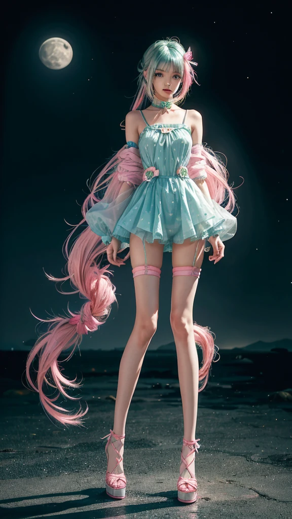 Cute girl, slender girl, moon beams, wewring pink mettalic cyber tight-skin costume. green eyes. Yellow short beak. ((Is a girl with long teal mix blue hair and pink oyster diamond covered hairclips in her hair))(( full body)