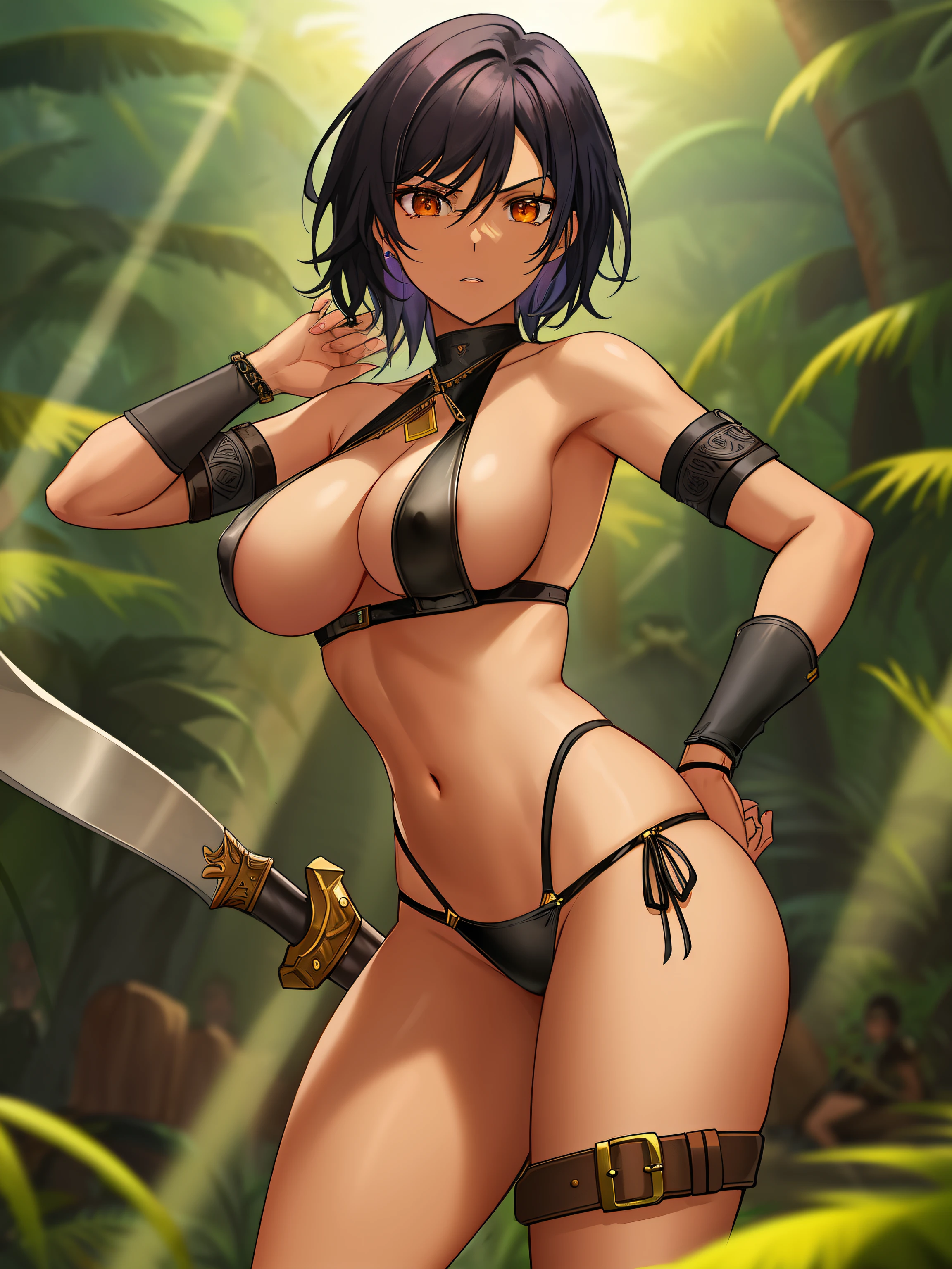 2d, masterpiece, best quality, highly detailed eyes, highly detailed face, video game lighting, cowboy shot, feet out of frame, amazon, amazon-combat, 4girl, mature females, dark skin tone, black navel tattoos, serious expression, standing still, standing, black short hair, beautiful orange eyes, sexy anatomy, y-harness, topless, nipples, leather thong, leather bracers, leather leg bracers, holding scimitar, ((background; jungle, village))