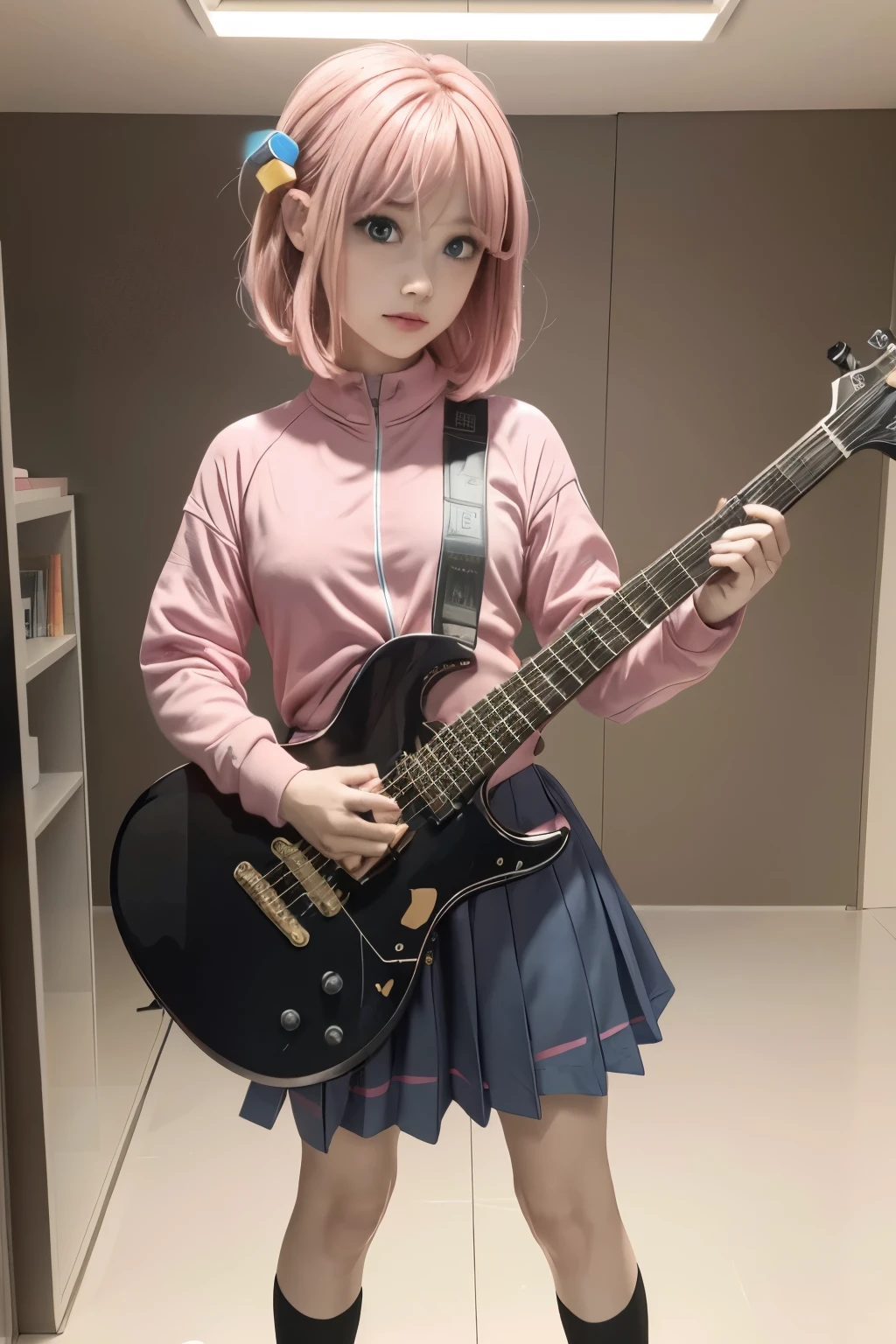 masterpiece, best quality, hd, realistic, cosplayer, hitori_gotoh, bocchi the rock, pink hair, short hair, cube hair ornaments, blue eyes, wear pink track suit, blue skirt, black socks, standing, indoor, playing black electric guitar bass 